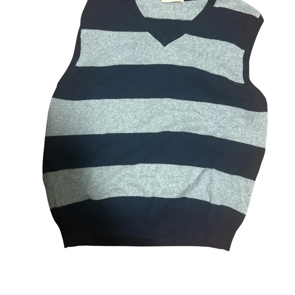 J.Crew Navy Gray Striped Sweater Vest Mens L Preppy Cotton Cashmere